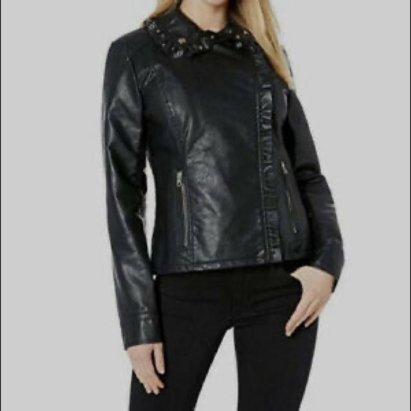 JESSICA SIMPSON moto ruffle leather jacket - Picture 2 of 11